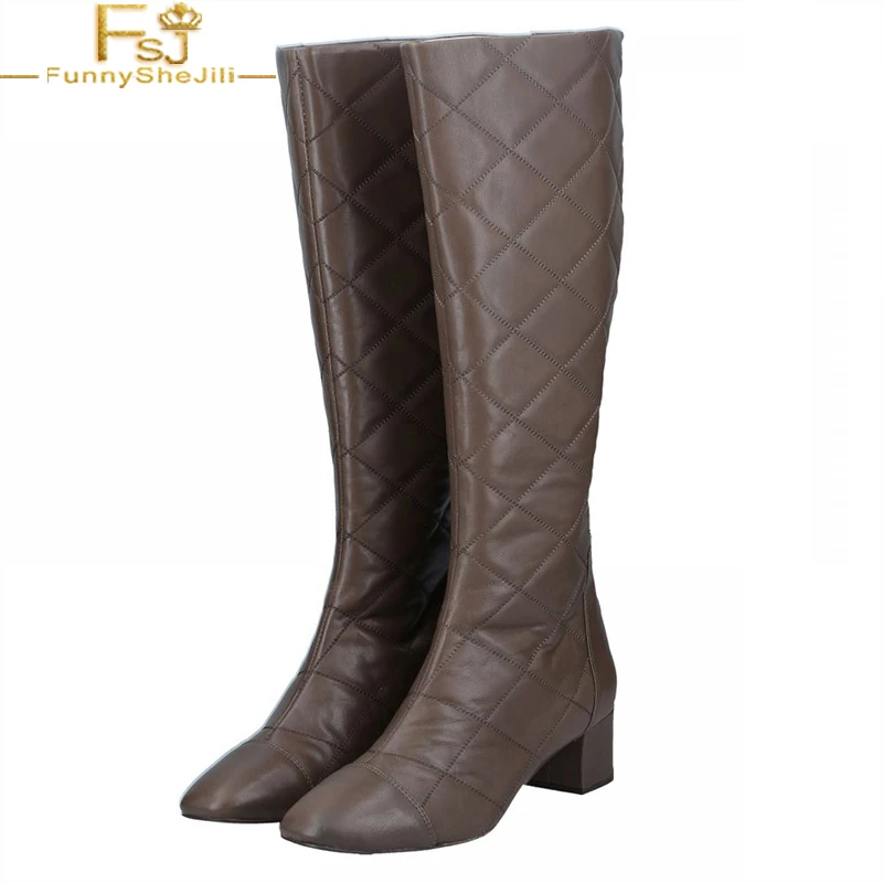 

FSJ 2018 Fashion Brown Med Square Heels Down Knee High Boots Round Toe Casual Back Zipper Dress Winter Warm Shoes Plus Size
