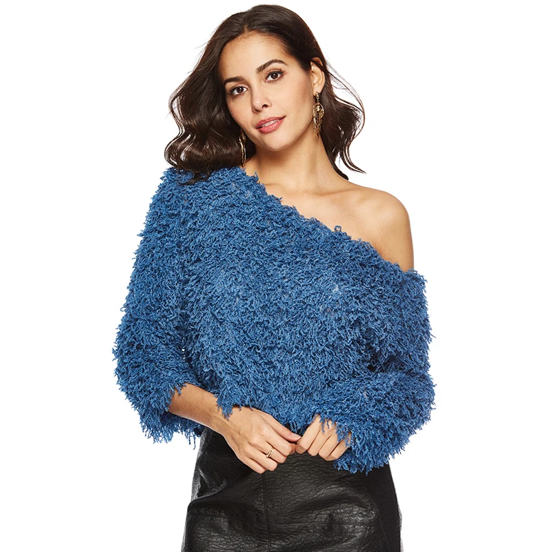 

Off Shoulder O Neck Blue Sweaters Women 2019 Autumn Long Sleeve Crop Tops Sexy Womens Winter Knitted Sweater