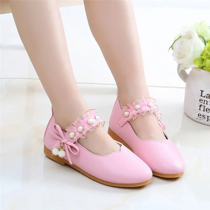 

Sandals Children Girls Solid Leather Bowknot Pearl Pendant Princess Single Casual Shoes girls slippers #4M02