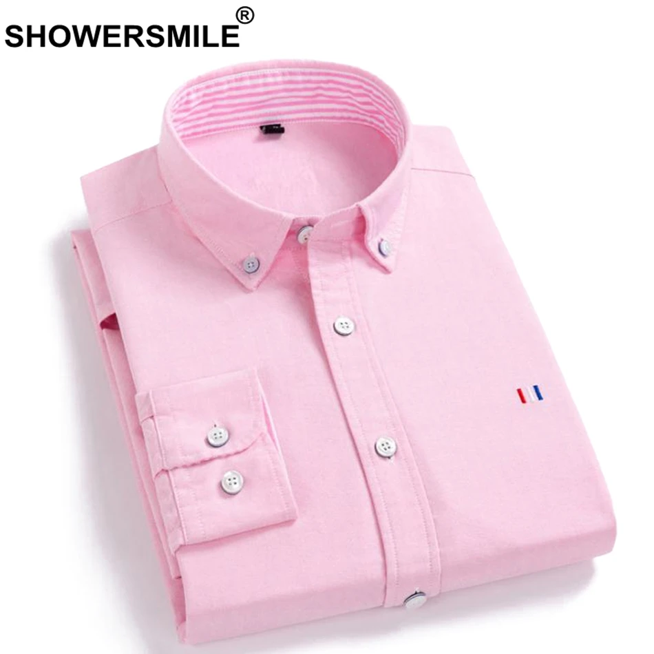 

SHOWERSMILE Cotton Shirt Men Pink Smart Casual Shirts Male Solid Oxford Long Sleeve Autumn Mens Slim Fit Shirts Plus Size 5XL
