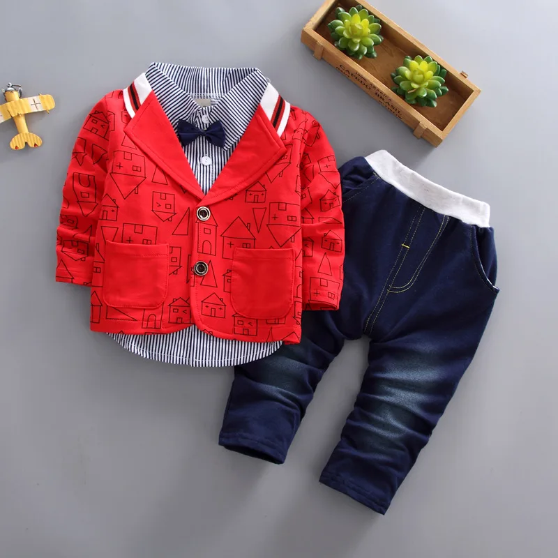 Bibicola мальчики, осенний комплект одежды, формальный джентльмен, 3 предмета, наряды для детей, Повседневная футболка+ пальто+ штаны, спортивный костюм, комплект, детская одежда - Цвет: red