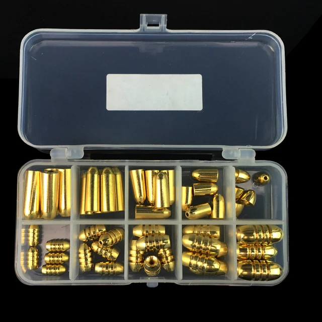 Cheap 50Pcs/Set Copper Bullet Weights Fishing Sinkers in Plastic Fishing Accessories Tackle Box 1.8g/3.5g/5g/7g/10g Cheap 50Pcs/Set Copper Bullet Weights Fishing Sinkers in Plastic Fishing Accessories Tackle Box 1.8g/3.5g/5g/7g/10g