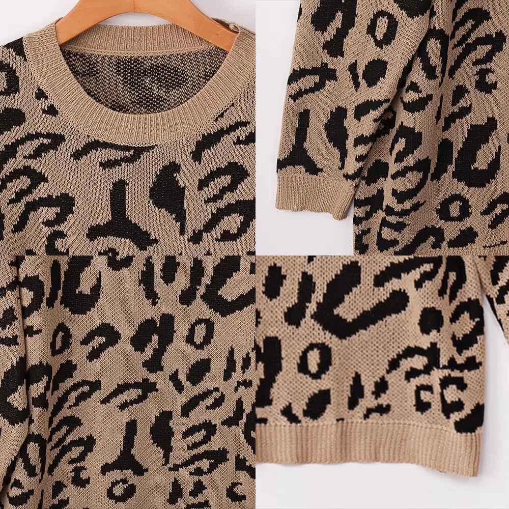 Женский свитер с круглым вырезом и леопардовым принтом, Осень-зима, Женский вязаный Свободный пуловер, длинная теплая одежда