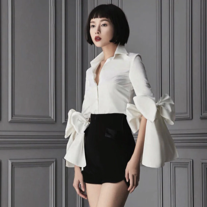 

[MENKAY] 2019 Spring Summer Bow Shirt Knotted Half Sleeve Turn-Down Slim Fit Women New Female Fashion OL Clothing Blouse