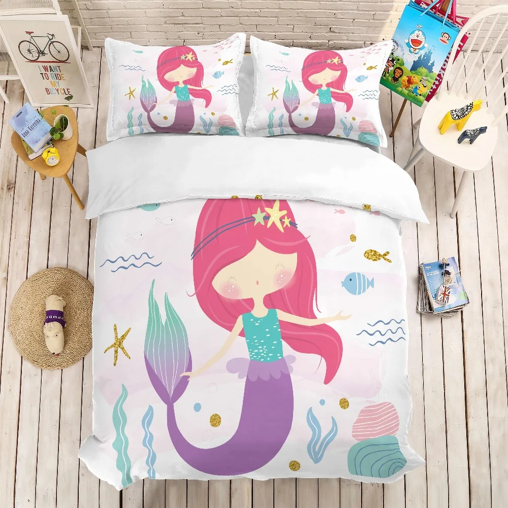 

Cartoon mermaid unicorn 3D printing bedding set Duvet Covers Pillowcases Children cartoon room comforter bedding set bedclothes
