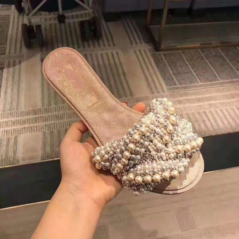

Classic Pearls Slippers Women Sandals Cool Summer Multi Cross Beads Luxury Design Ladies Slide Shoes Flats Slip-on Slippers