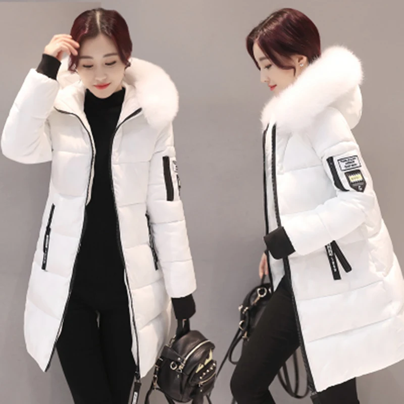 

Women's Winter autumn coat long section large fur collar white thick down cotton coat long sleeve pockets cotton coat's A178