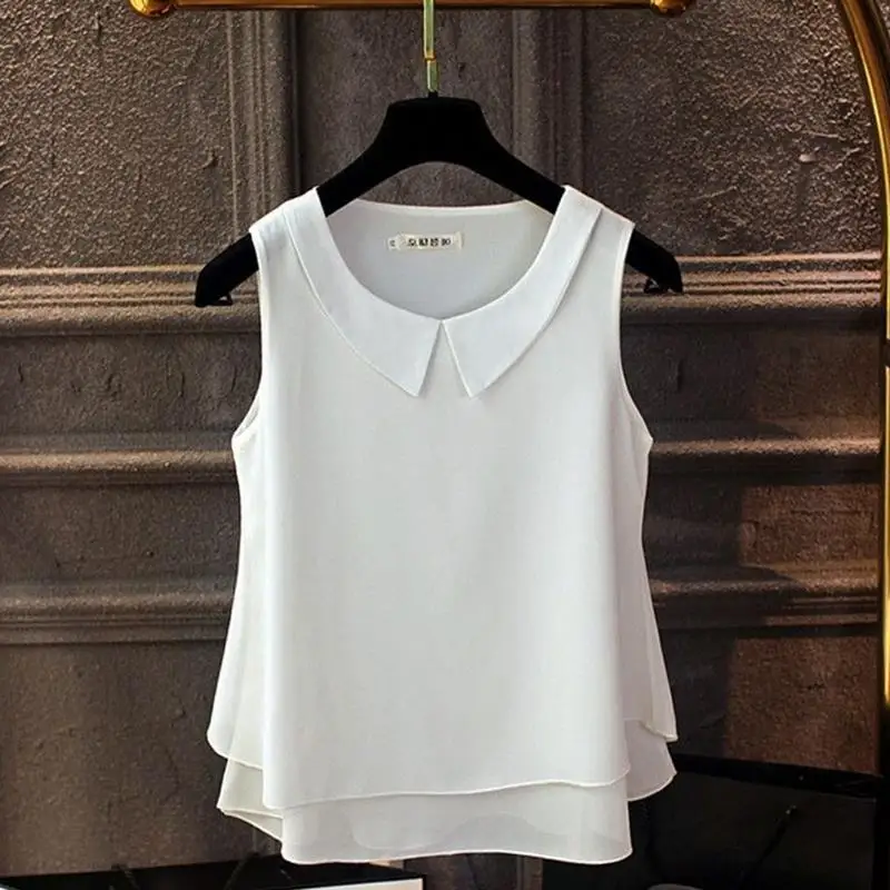 Шифоновая Блузка, белая и черная рубашка, блузка без рукавов, однотонная корейская модная одежда, Harajuku, женская одежда 2962 50