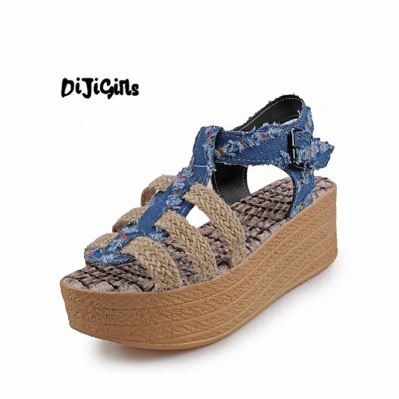 

Fashion Summer Ladies Sandals Cowboy Hemp Rope Wedges Sandals Gladiators Mixed Colors Buckle Shoes for Women