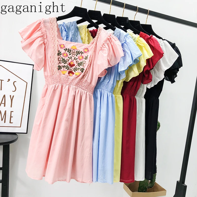 

Gaganight Embroidery Solid Summer Women Dress Ruffles Short Sleeve A Line Short Mini Dresses Female Chic Tunic Elegant Vestidos