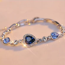 

Stylish Women New Ocean Blue Sliver Plated Crystal Rhinestone Heart Charm Bracelet Bangle Gift Jewelry