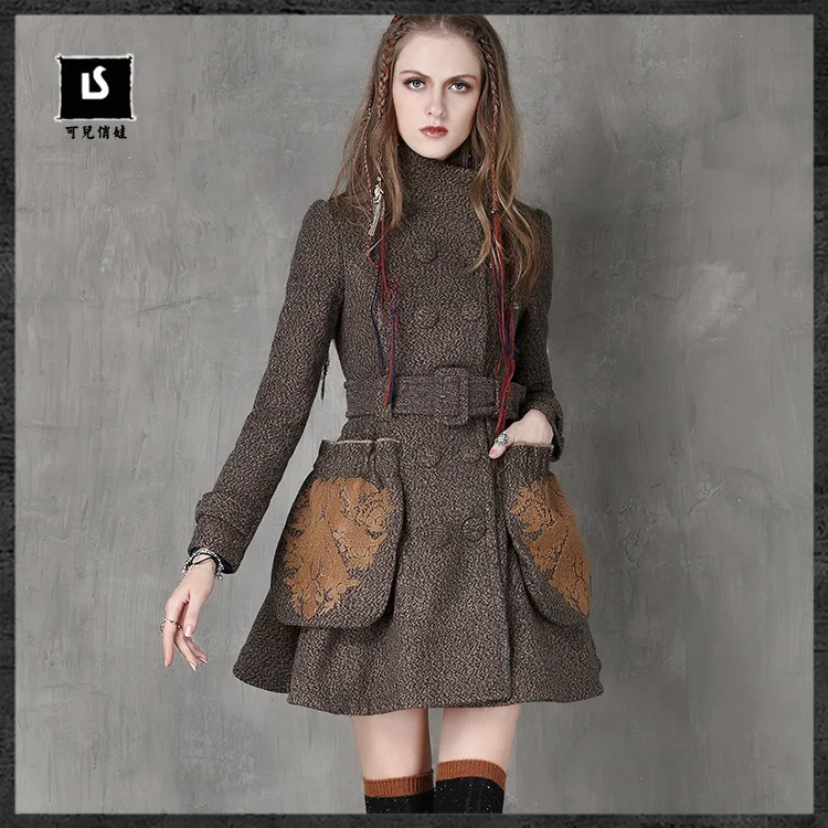Femmes Mujer Abrigo Jaquetas Vintage Broderie Marque Col Manteau Hiver Picture As Ceinture Militaire De 2017 Laine Nouveau Veste Rétro w6fExOq