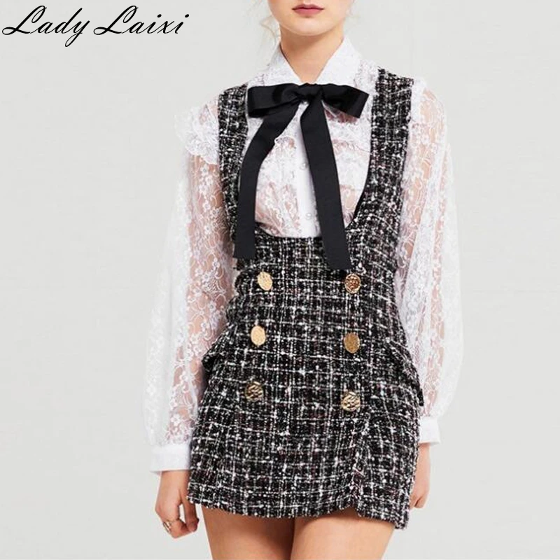 

Autumn Winter 2 Piece Set Dress Women Ruffles Bow Shirt Lace Top+Plaid Sleeveless Tweed Vest Dress Double Breasted Overalls