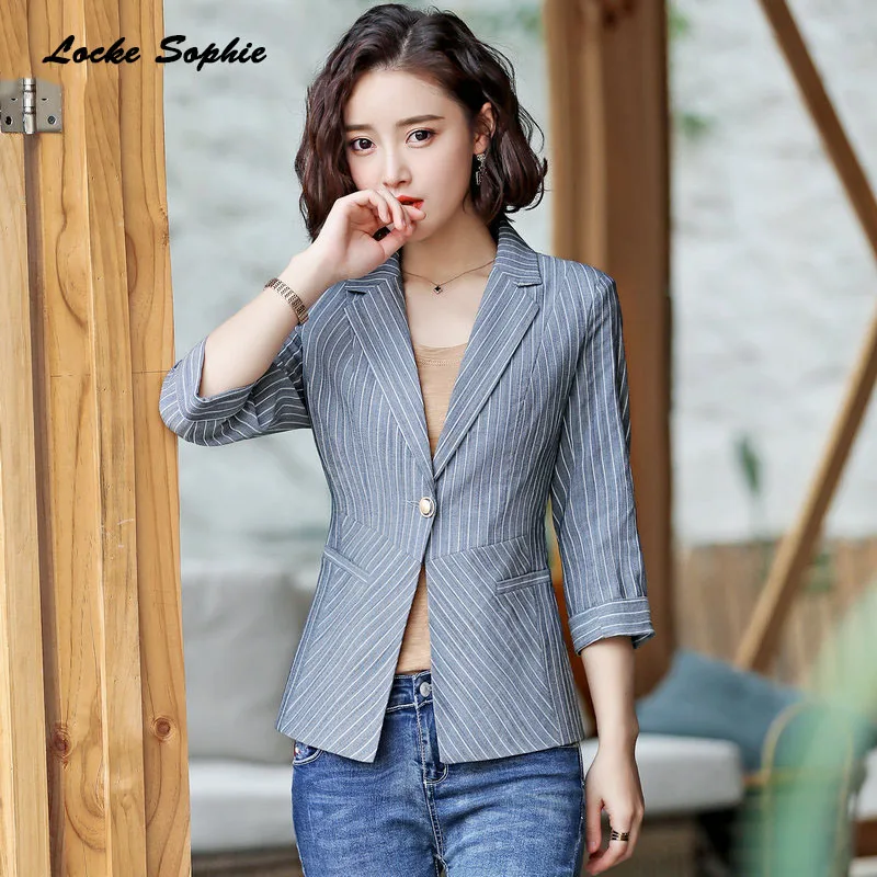 1pcs Women Plus size Blazers coats 2019 Summer cotton Single buckle stripe Small Suits jackets ladies Skinny Blazers Suits coats