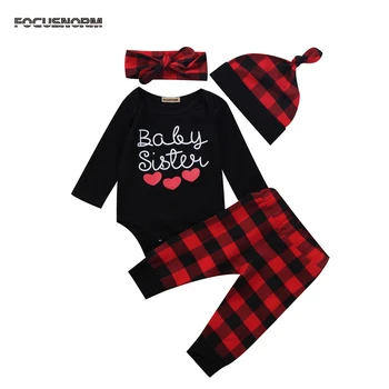 

2017 Brand New Baby Sister Newborn Clothes Autumn Infant Girl Romper Tops Red Plaid Pant Trouser Hat Headband 4pcs Tracksuit Set