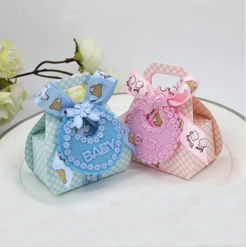 

60pcs Cute Pink / Blue / Yellow Handbag Bib Style Baby Shower Candy Boxes Party Gifts Box Chocolate Paper Boxes