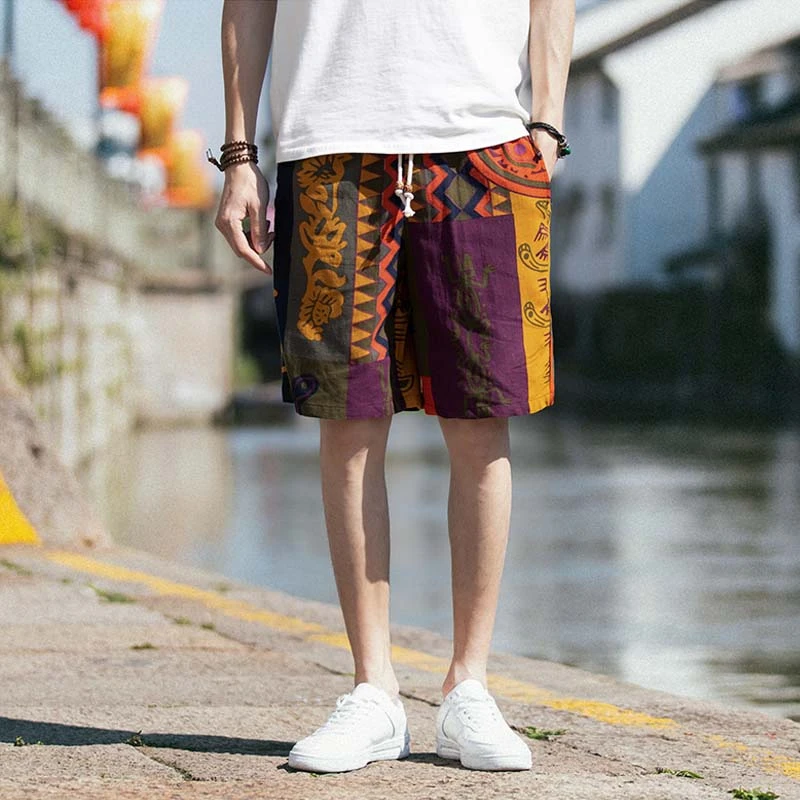 Men Drawstring Printed Streetwear Mens Shorts Summer Men Shorts Cotton Linen Clothes 2019,One,L 