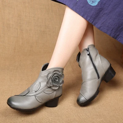 TIMETANG/Новинка; Женская обувь в народном стиле с цветочным принтом; Зимние удобные женские ботильоны из натуральной кожи; Универсальные ботинки в стиле ретро; C313 - Цвет: Серый