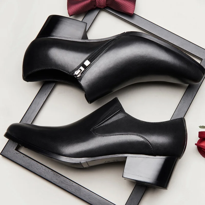 High Quality Man Handmade Casual Shoes Genuine Leather High Heels Loafers Pointed Toe Height Increasing Men's Basic Flats SS239