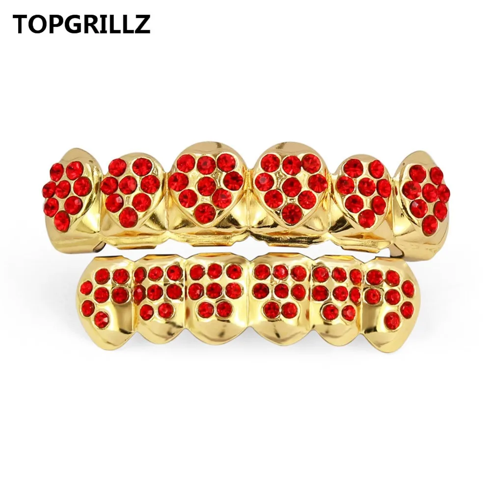 TOPGRILLZ Gold Color Plated CZ Rhinestone Hip hop Heart Shaped Tooth