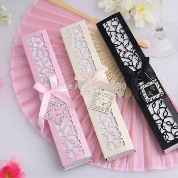

DHL Free shipping 50Set/Lot Personalized Bride & Groom's name & Wedding date Silk Hand Fan with Luxury Laser-Cut Gift Box + card