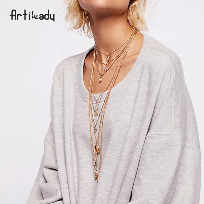 

trendy medal charms pendant necklace long multi-layer statement necklaces jewelry gift for women