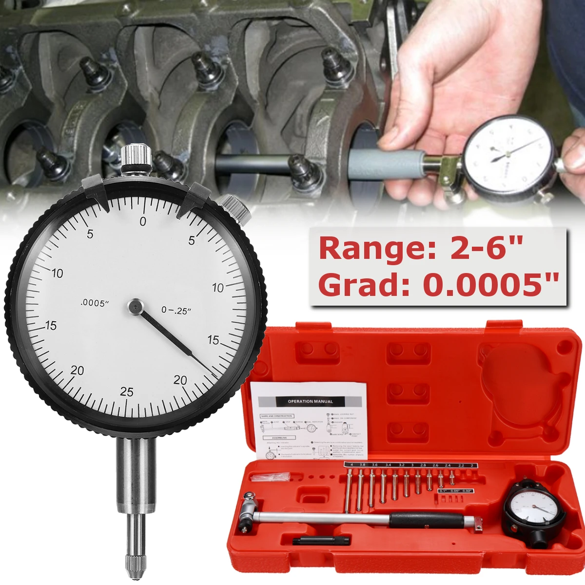 

10 Anvils Dial Bore Gauge Measuring Indicator 2-6" Grad 0.0005" Steel+ABS Resolution Engine CylinderChangeable/Movable Probe