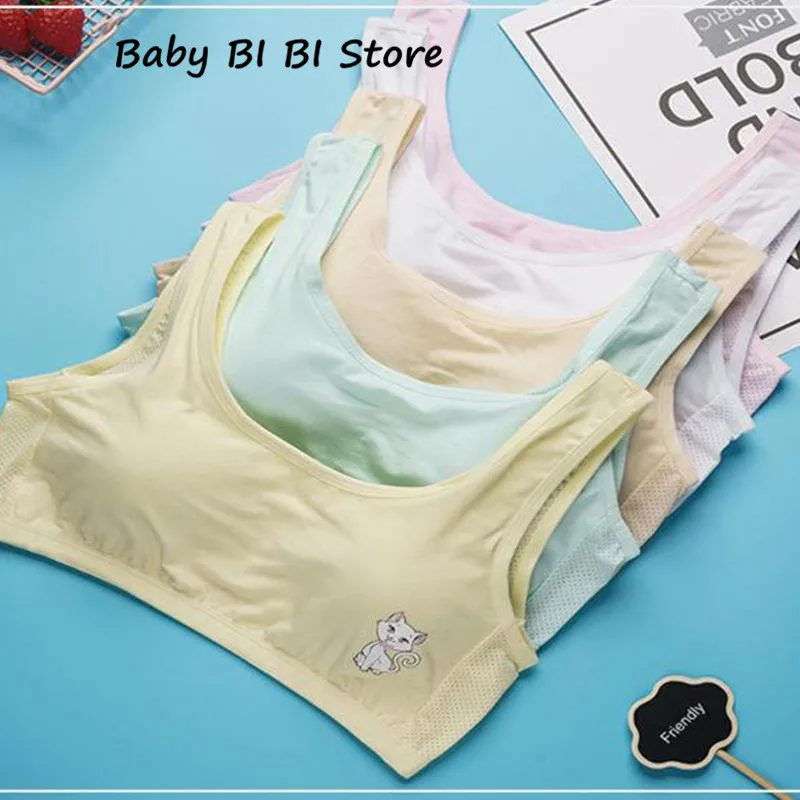 

Puberty Girls Wide Straps Candy Color Sport Training Bra Underwear Breathable Mesh Back Bralette Cute Cartoon Cat Print Crop Top