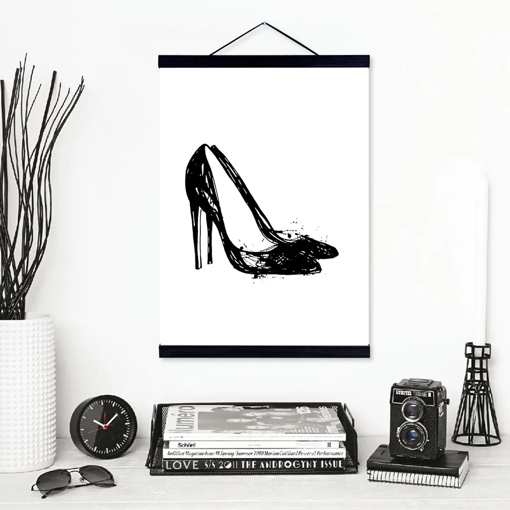 Black White High Heels Shoes Wooden Framed Canvas Paintings Nordic