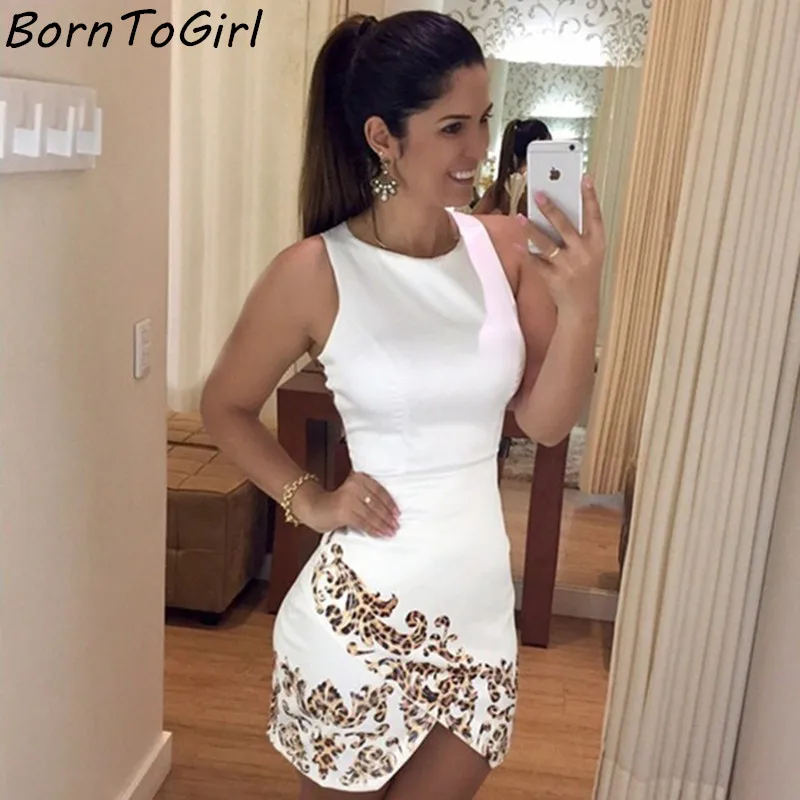 

BornToGirl Sexy Leopard Print Pencil Dress Women Summer Autumn Sleeveless White Dress 2019
