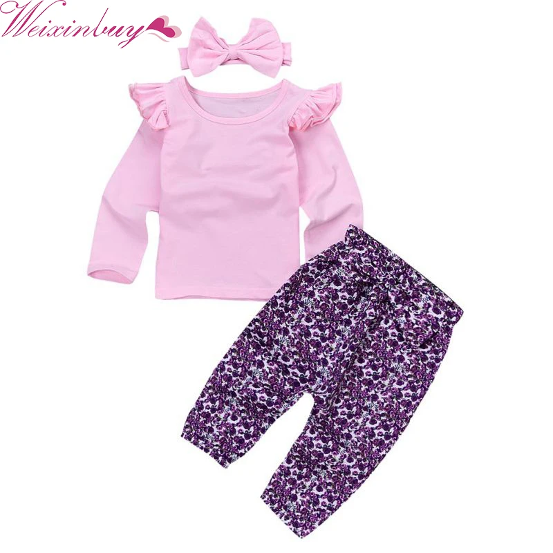 

Newborn Baby Girl Clothes Set Long Sleeve Pink T-shirt Tops+Floral Pant Bow Headband 3PCS Outfits Children Clothing
