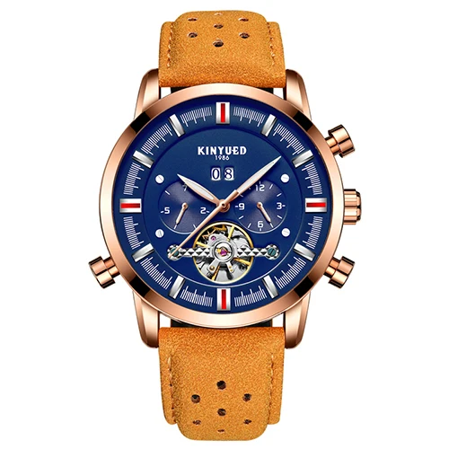 Gold Blue Brown KINYUED Лидирующий бренд Мужские механические часы Роскошные Tourbillon автоматические часы мужские Скелет календарь спортивные Relogio Masculino - Цвет: Gold Blue Brown