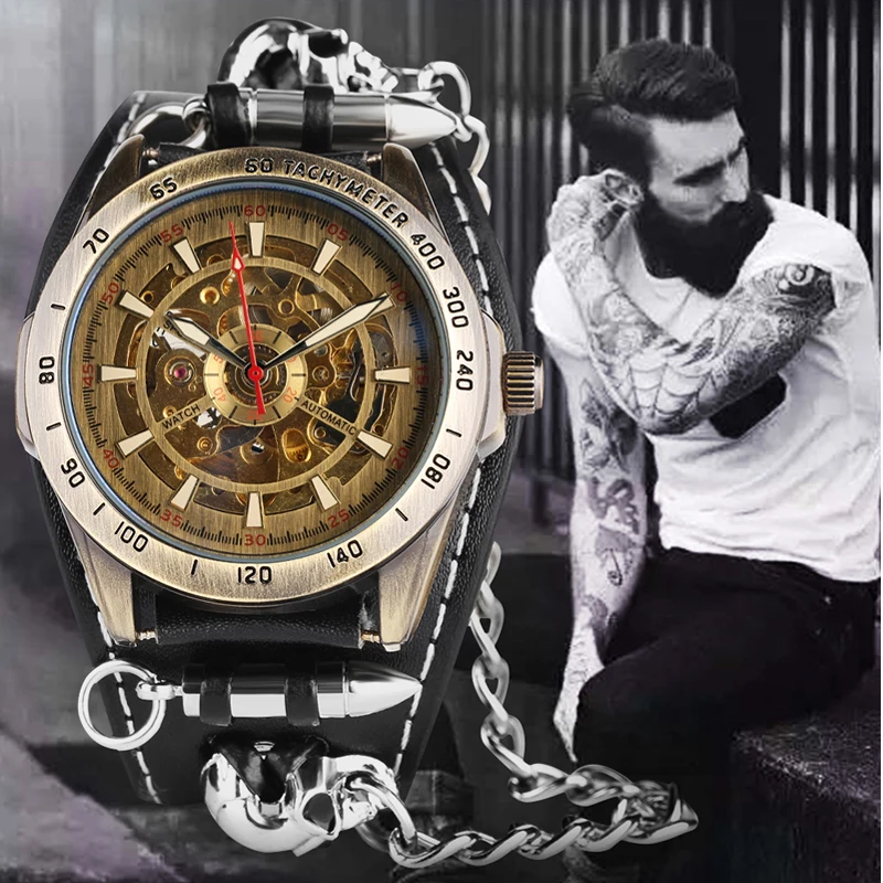 

New Cool Punk Bracelet Mechanical Watch Automatic Self Wind Wristwatch Skull Bullet Chain Gothic Style Leather Strap Men Gifts