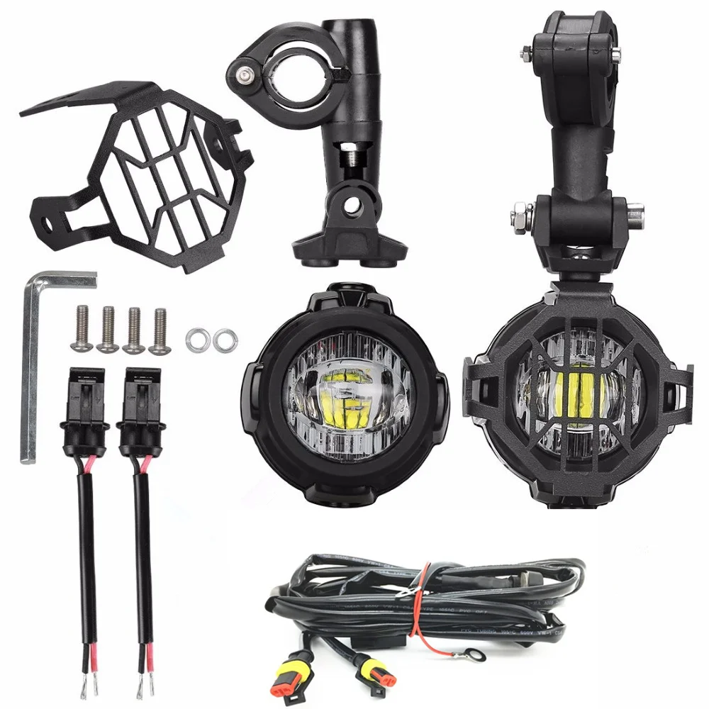 

New 40w Motorcycle LED Auxiliary Fog Light Kits Spot Driving Lamps with Protect Guards Wiring harness for BMW R1200GS F800GS