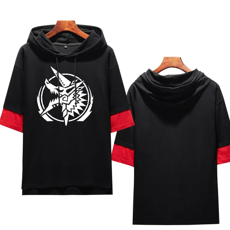 Аниме-Толстовка MONSTER HUNTER косплэй короткий рукав Лоскутная пуловер Модные для мужчин летние толстовка с капюшоном костюмы