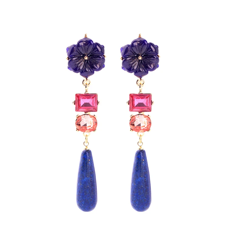 

BALANBIU Exquisite Resin Flower Dark Blue Natural Stone Drop Earring For Women Gold Color Alloy Dangle Earring Fashion Accessory