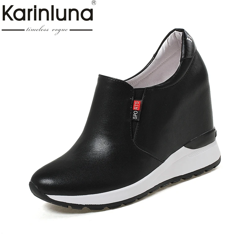 

KarinLuna 2018 large size 32-40 genuine leather wedge high heels Platform pumps Woman zip up woman Shoes