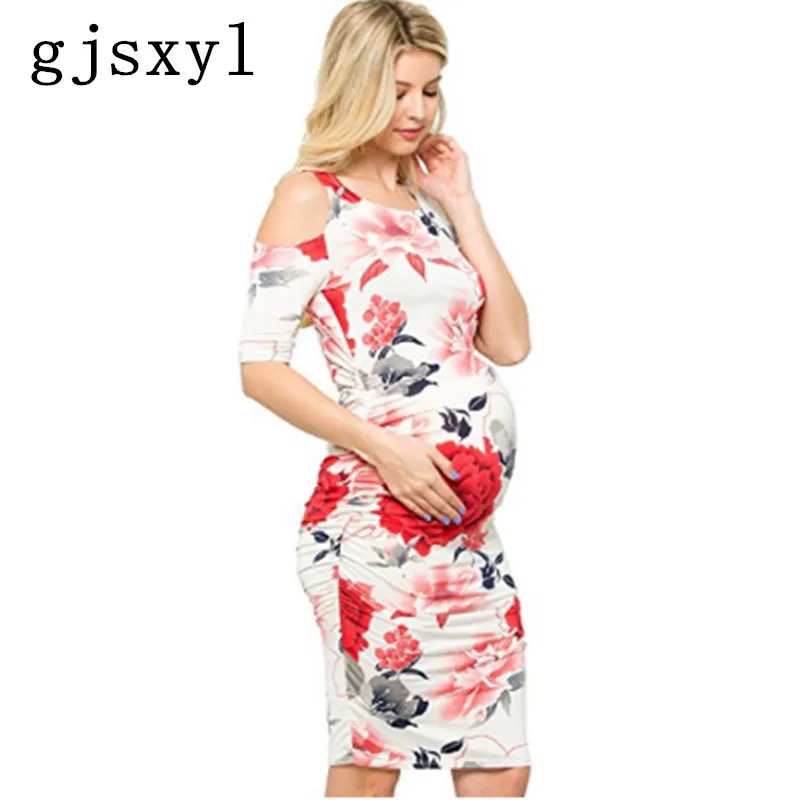 Gjsxyl Maternity dress Photo shoot Europe and the United States round neck strapless flower print loose pregnant women dress 