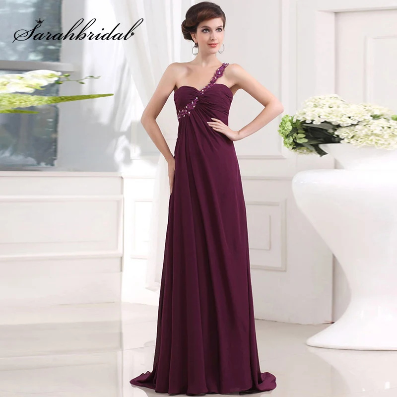 

Cheap In Srock One Shoulder Long Bridesmaid Dresses With Rhinestones Chiffon Sweetheart Lace Up Back Simple Party Gowns SD011