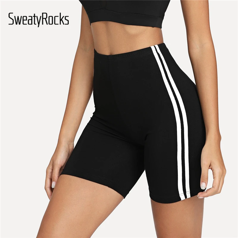 SweatyRocks, контрастные полосатые шорты для велоспорта, спортивная одежда, женские байкерские шорты, летние спортивные повседневные Черные шорты