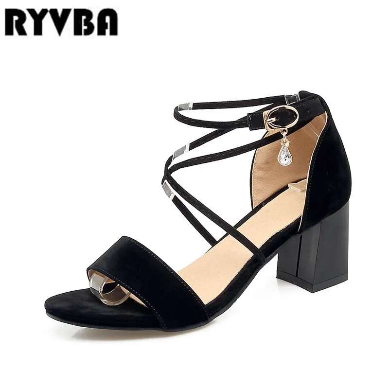 

RYVBA woman fashion 6cm square high heels sandals women new summer shoes 2018 womens female sexy suede nubuck black party sandal