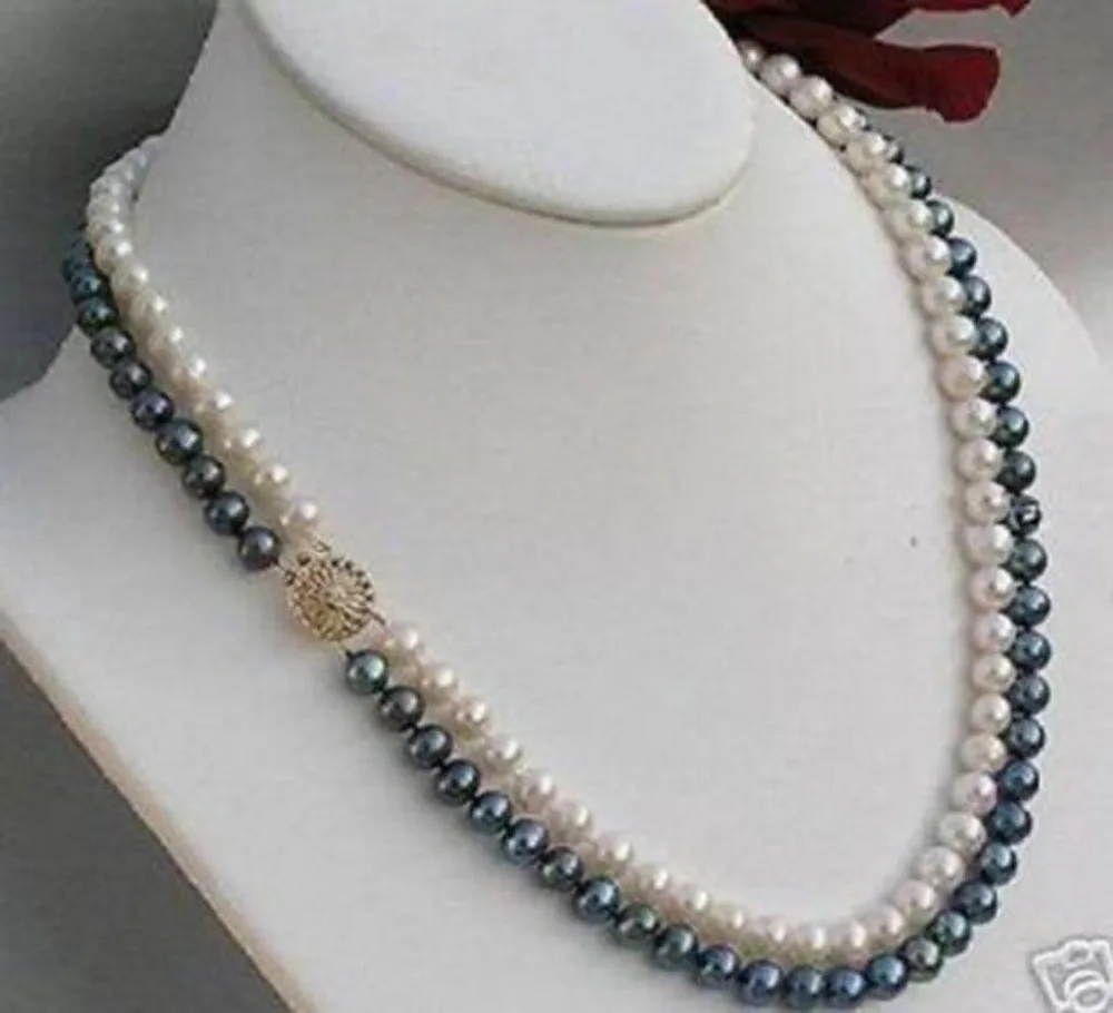 

FREE SHIPPING>>>@@ > 2rows 7-8mm black white freshwater Cultivation pearl necklace^^^@^Noble style Natural Fine jewe &