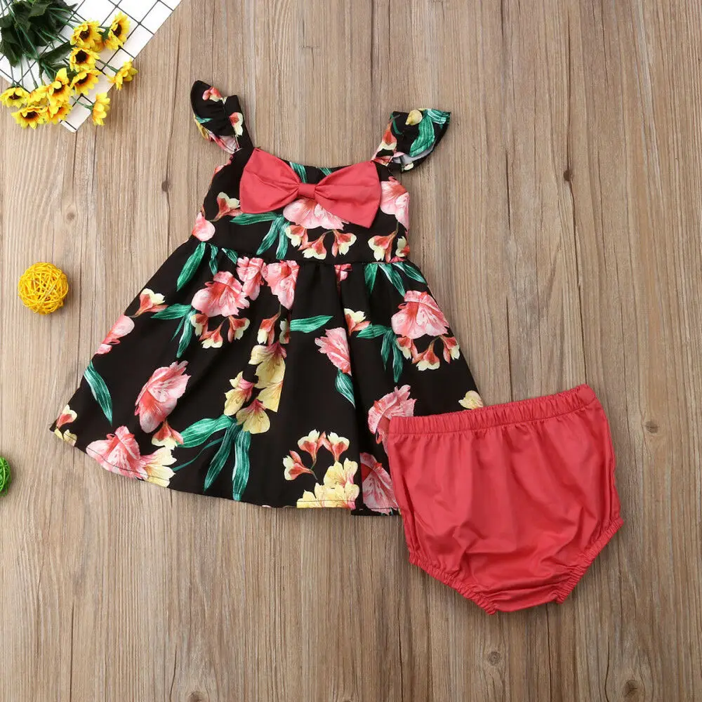 Новорожденный малыш милый для маленьких девочек новейшее летнее платье с цветочным узором и бантом, без рукавов; платье с топом; трусы; шорты; верхняя одежда из двух предметов