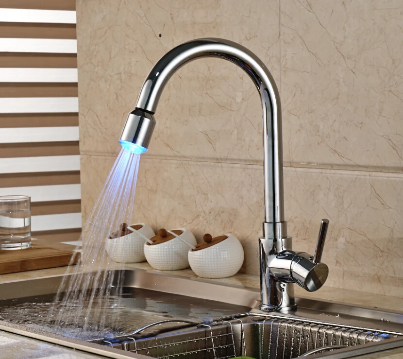 

Modern Chrome Finished LED Deck Mounted Kitchen Faucet Pull Out Spout Mixer Single Handle Tap