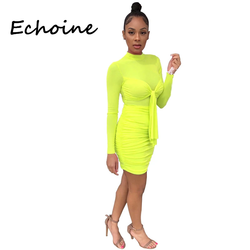 

Echoine Sexy Sheer Mesh Dress Long Sleeve Front Tie Bandage Dress Slinky Bodycon Dress Women Summer Clubwear Solid Color Vestido