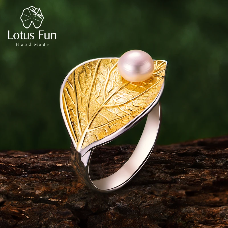 Lotus Fun Real 925 Sterling Silver Natural Pearl 18K Gold Leaf Ring Fine Jewelry Creative Designer Open Rings for Women Bijoux