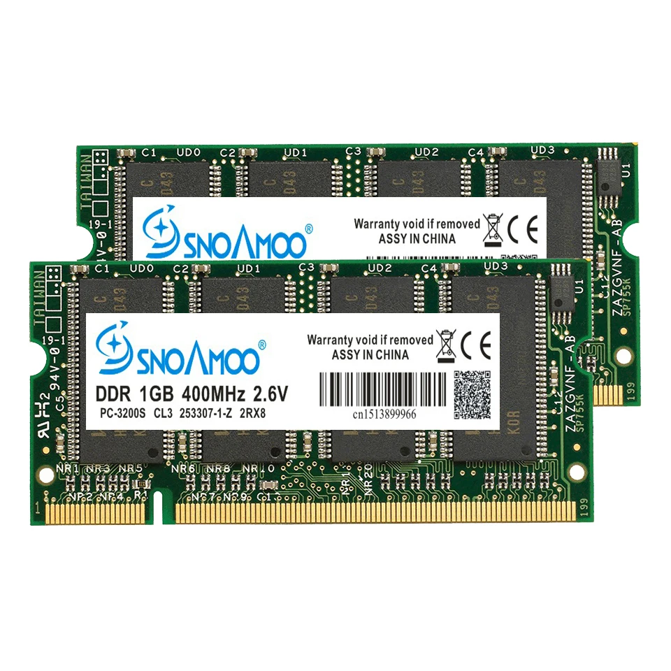 SNOAMOO ноутбук память DDR 1 ГБ 333 МГц PC2700 400 МГц PC3200 200Pin DDR 1 ГБ CL3 CL2.5 2,6 V SO-DIMM ноутбуки ОЗУ пожизненная Гарантия