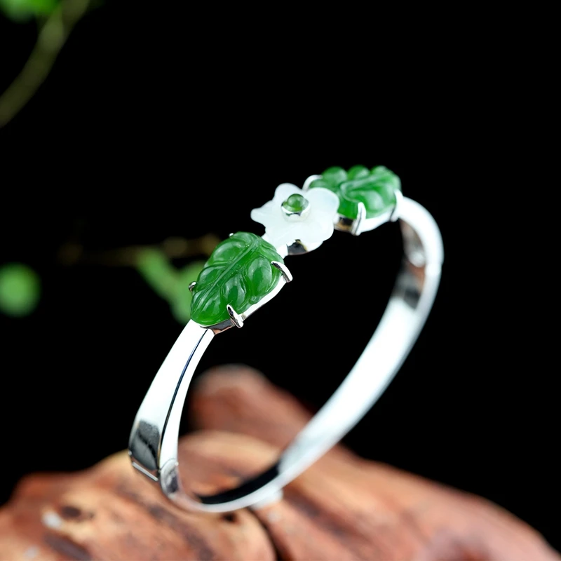 

LouLeur 925 sterling silver jasper bangles green handmade natural jasper white jade bangles for women 2018 summer jewelry charm
