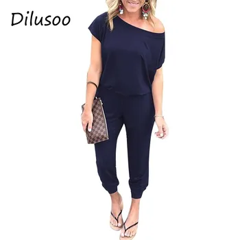 

Dilusoo Solid Loose Casual Jumpsuits Women Short Sleeve Oblique Collar Rompers Female 2019 Pockets Pants Streetwear Jumpsuit