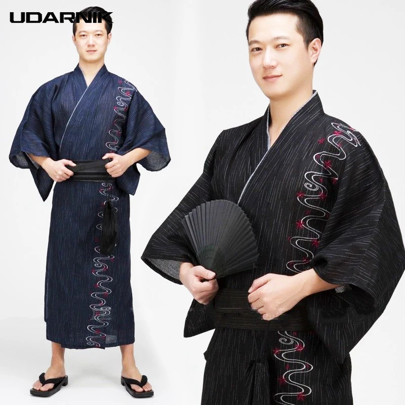 Men Cotton Robe Japanese Style Kimono Yukata Bathrobe Striped ...